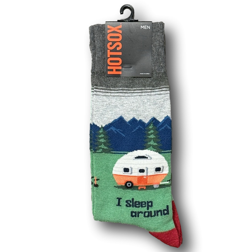 3/$18 Camping "I Sleep Around" Funny Novelty Crew Socks - NWT